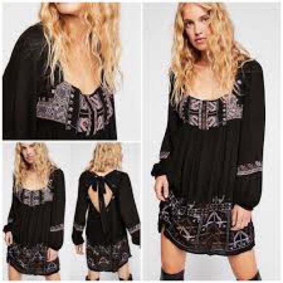 EUC Free People Rhiannon Embroidered Black Purple Bohemian Babydoll Mini Dress M - Picture 3 of 12